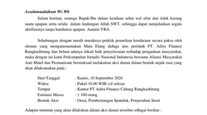 JNI Layangkan Surat Aksi Damai ke PT Adira Cabang Rangkasbitung